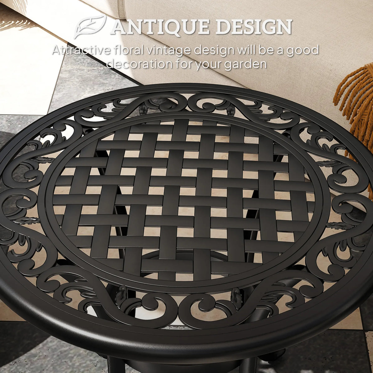 Outsunny Outdoor Garden Table, Cast Aluminium Patio End Table with Anti-slip Foot Pads for Garden, Patio, Balcony, 60 x 52.5cm, Black