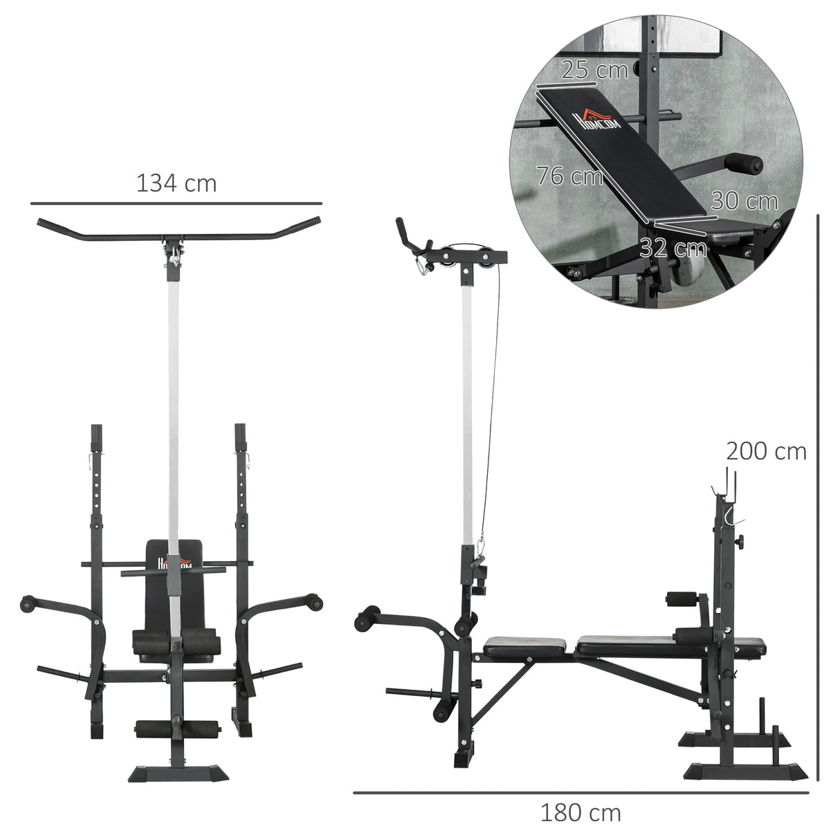 HOMCOM Adjustable Weight Bench with Pulley System, Incline Bench Press Set with Squat Rack, Leg Developer, Butterfly and Weight Storage, for Home Gym Full Body Workout
