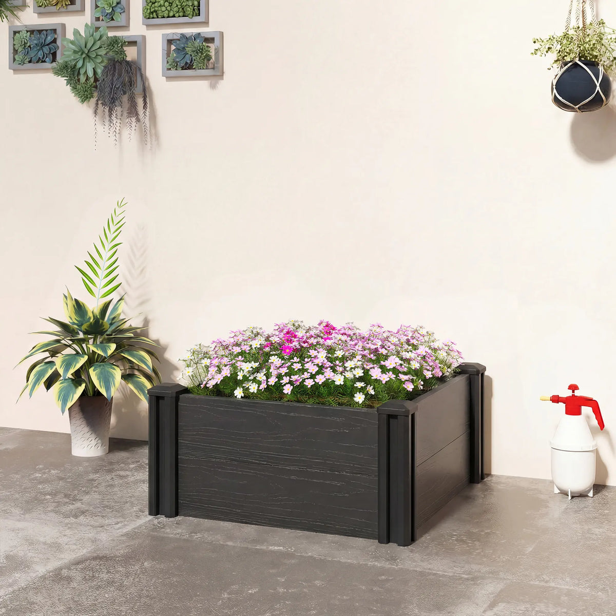 Outsunny Vinyl Raised Garden Bed Kit, 2 x 2 x 1ft Modular Elevated Garden Box with Slotting Legs and Open Bottom, Dark Grey