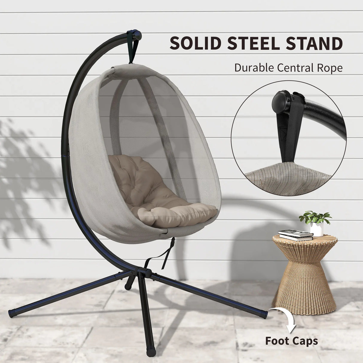 Outsunny Hanging Egg Chair, Folding Texteline Swing Hammock with Side Pocket, Cushion and Stand for Indoor Outdoor, Patio Garden Furniture, Khaki