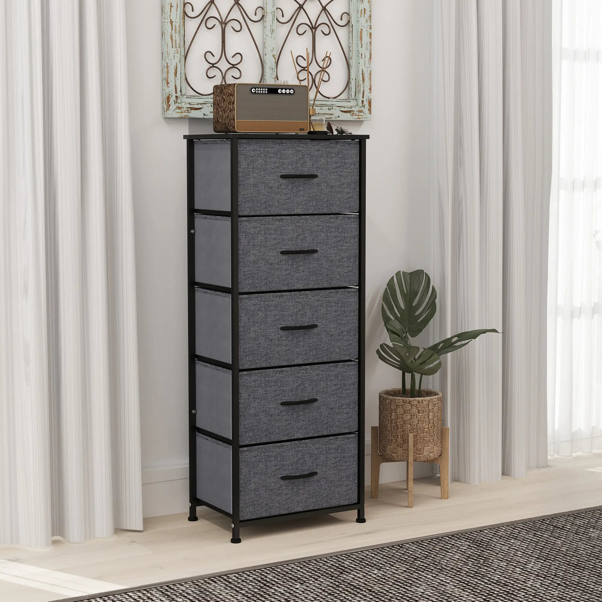 HOMCOM Fabric Chest of Drawers, Industrial Bedroom Dresser with 5 Fabric Drawers, Steel Frame and Wooden Top for Nursery, Living Room, Hallway, Dark Grey