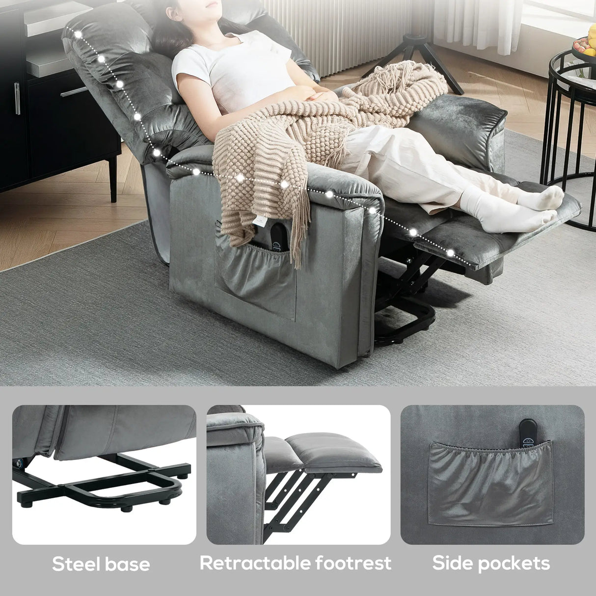 HOMCOM Velvet-Feel Electric Lift Recliner Chair - Dark Grey