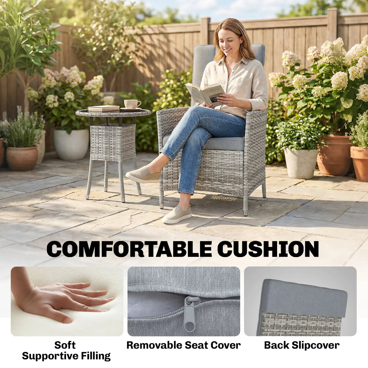 Outsunny Rattan Bistro Set, Reclining Garden Chairs and Glass Coffee Table with Cushions for Patio Balcony Porch, Light Grey