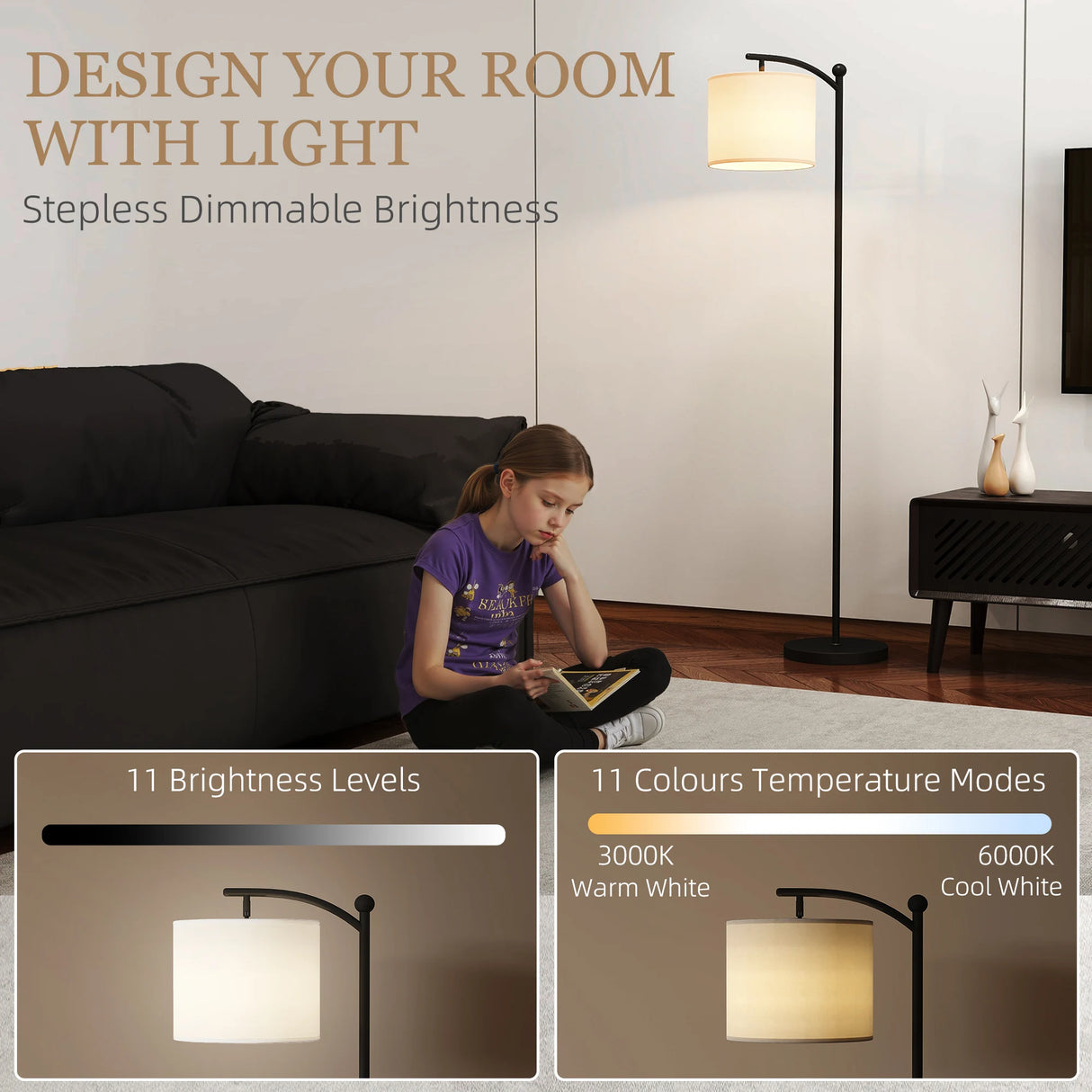 HOMCOM LED Floor Lamp, Stepless Dimmable Reading Standing Lamp with Magnetic Remote Control and 11 Colours Temperature & 11 Brightness Levels, 60 Min Timer for Living Room, Bedroom, Office, Black