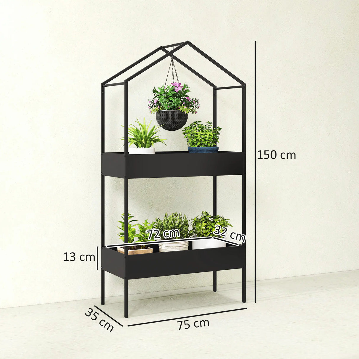 Outsunny 2 Tier Plant Stand, Outdoor Indoor Metal Plant Stand with Hook, House-Shaped Pots Holder Display Rack, Black