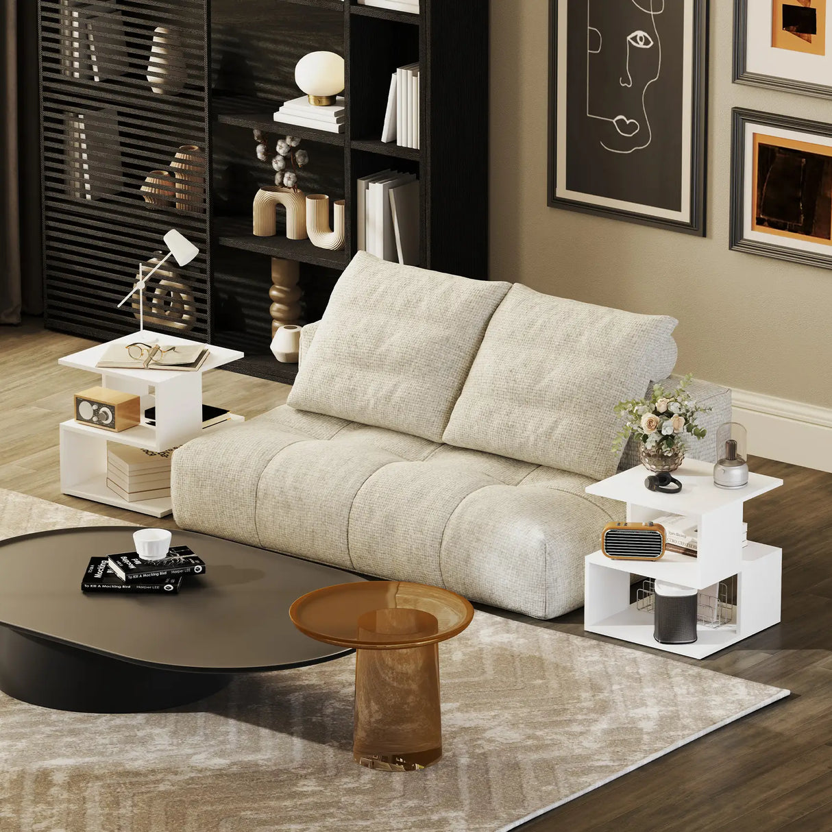 HOMCOM Set of 2 Side Table, Square Coffee Table, Modern End Table with 2 Tier Storage Shelves for Living Room, Bedroom, White