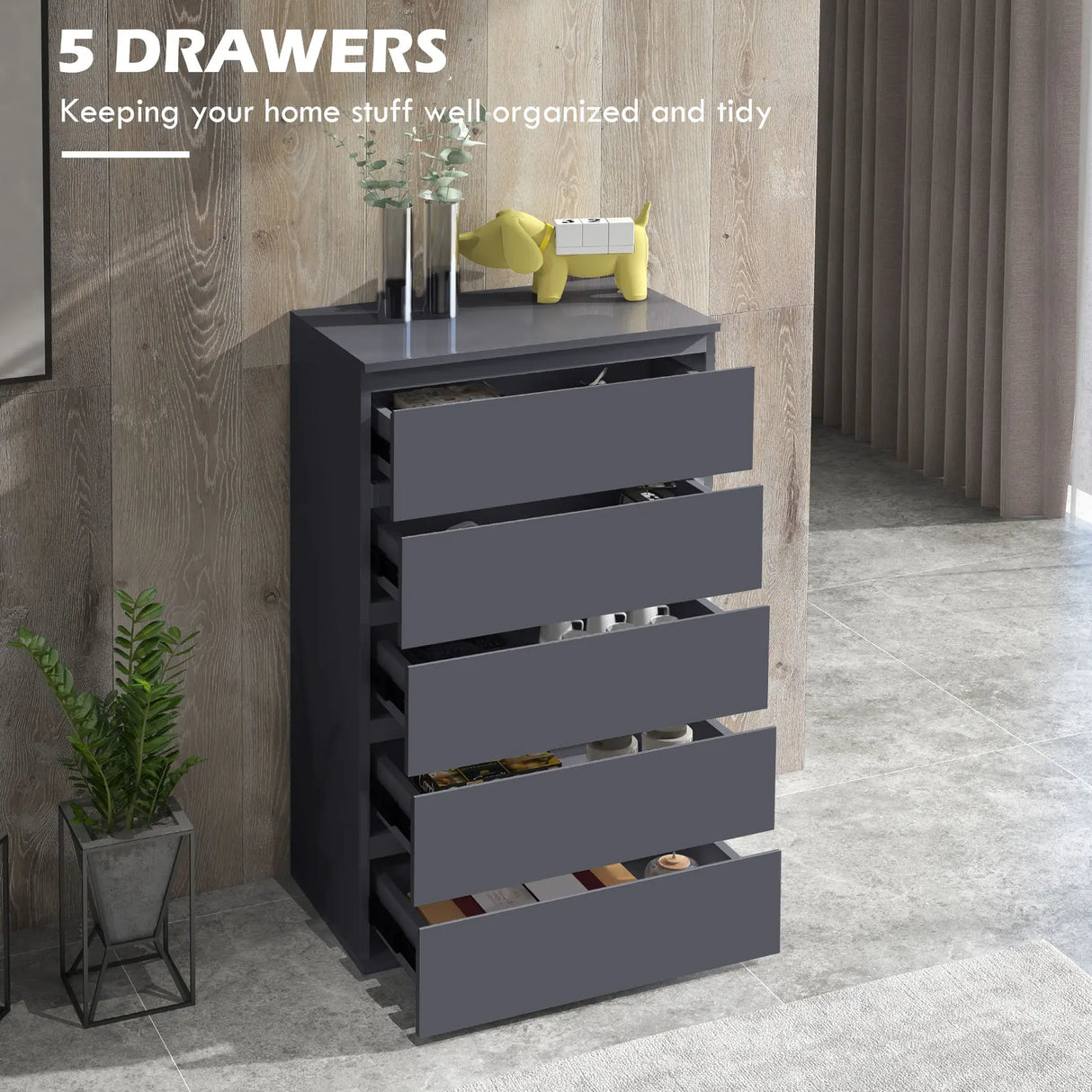 HOMCOM 5-Drawer Modern Dresser, High Gloss Storage Drawer Unit for Bedroom, Grey