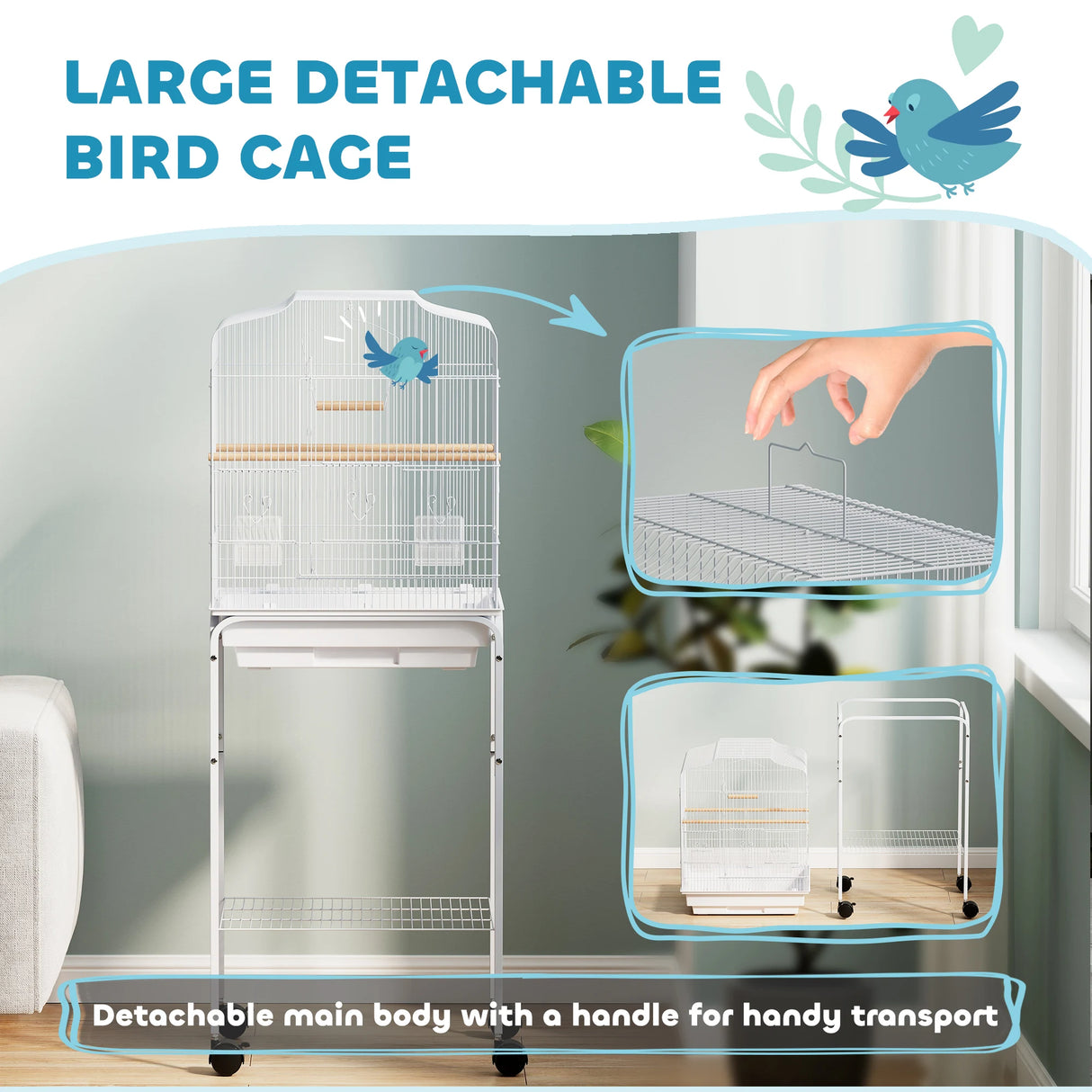 PawHut Bird Cage Budgie Cages for Finch Canary Parakeet with Stand Wheels Slide-out Tray Accessories Storage Shelf, White