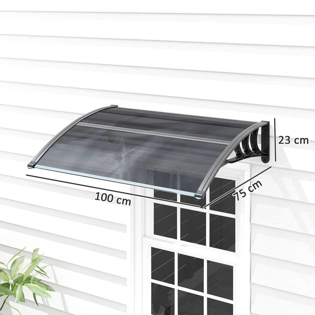 Outsunny Front Door Canopy Outdoor Awning Aluminium Rigid Plastic Polycarbonate Rain Shelter UV Water Rain Resistant 100 x 75cm Black