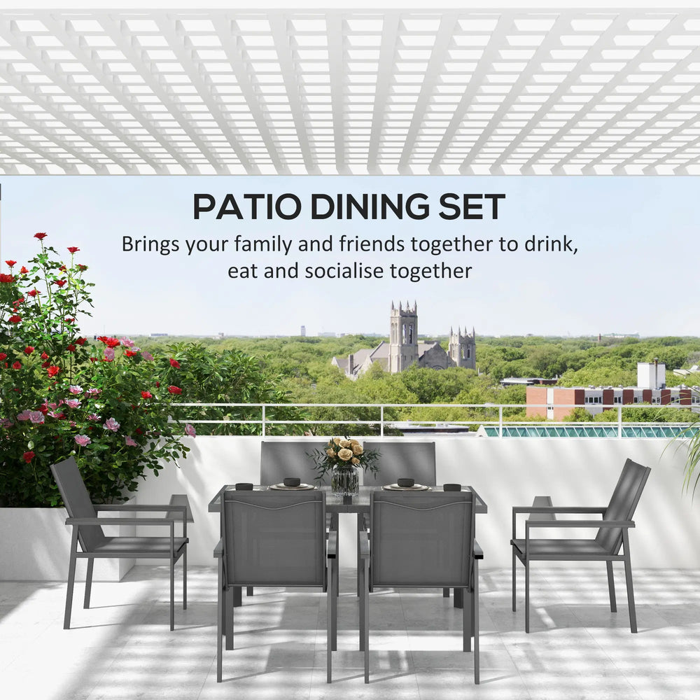 Outsunny Seven-Piece Metal Dining Set, with Glass-Top Table - Grey