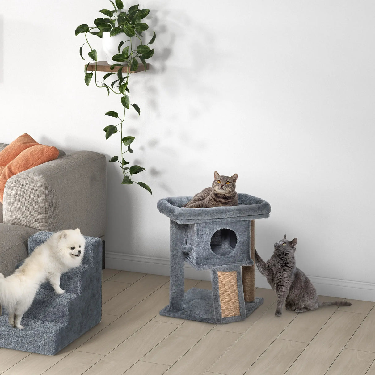 PawHut Cat Tree Tower for Indoor Cats Cat Scratching Post Climbing Activity Centre w/Jute Scratching Pad, Toy Ball, Cat House - Grey