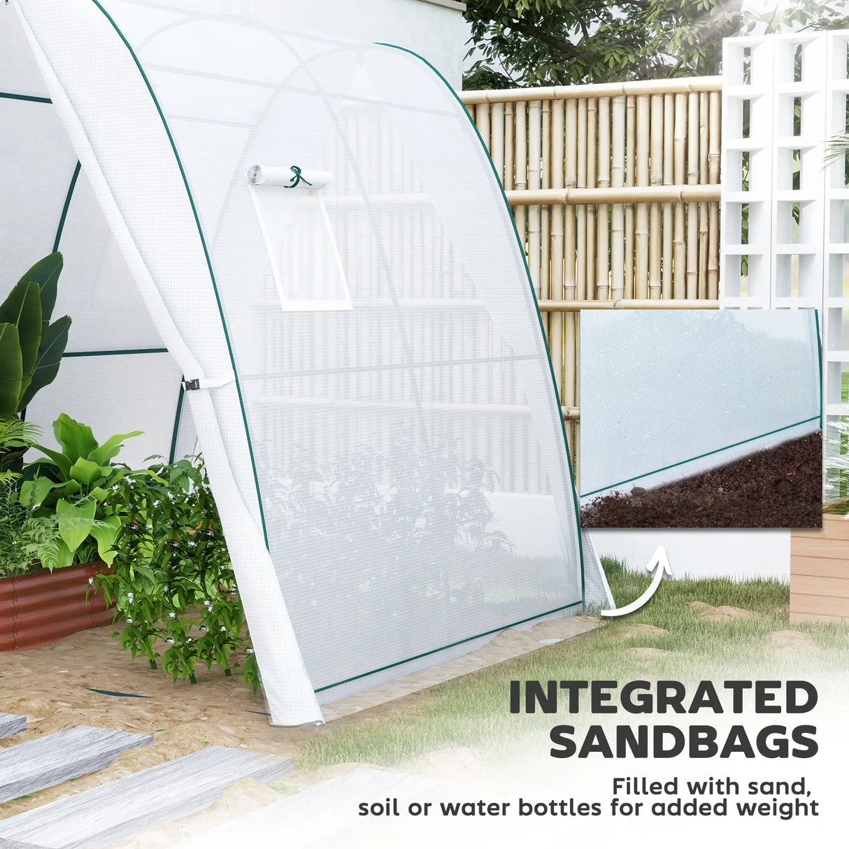 Outsunny Hoop House Greenhouse with Sandbags, Walk-In Tunnel Green House with 2 Doors and Screen Windows, 1.8 x 1.8 x 2m, White