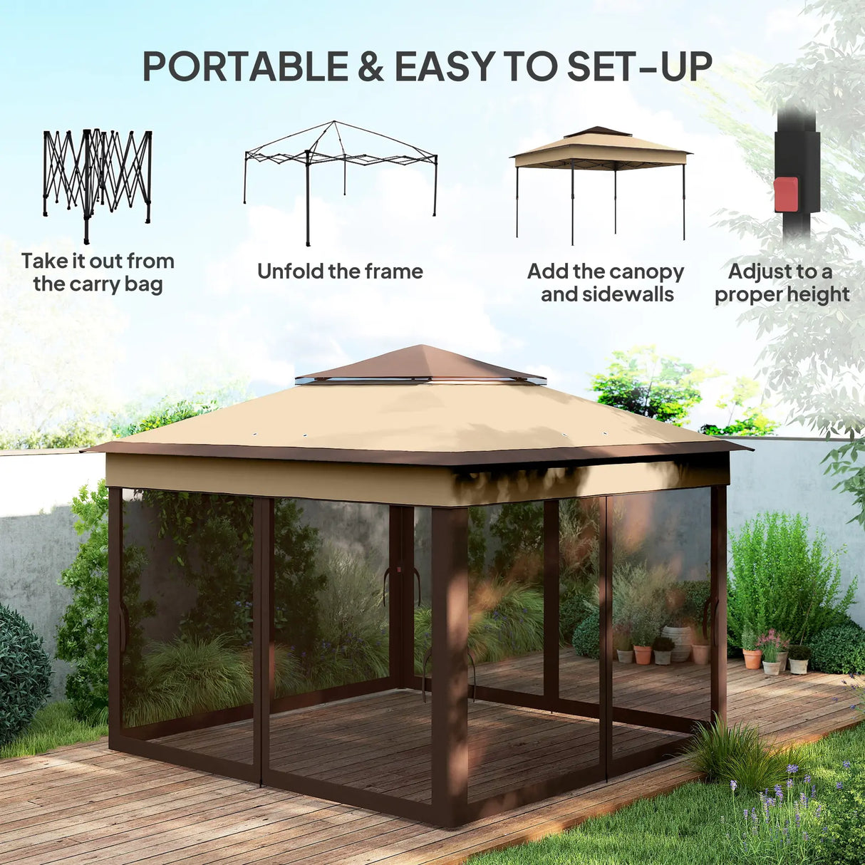 Outsunny 3 x 3(m) Pop Up Gazebo, Height Adjustable Instant Event Shelter with Netting and Carrying Bag, Beige