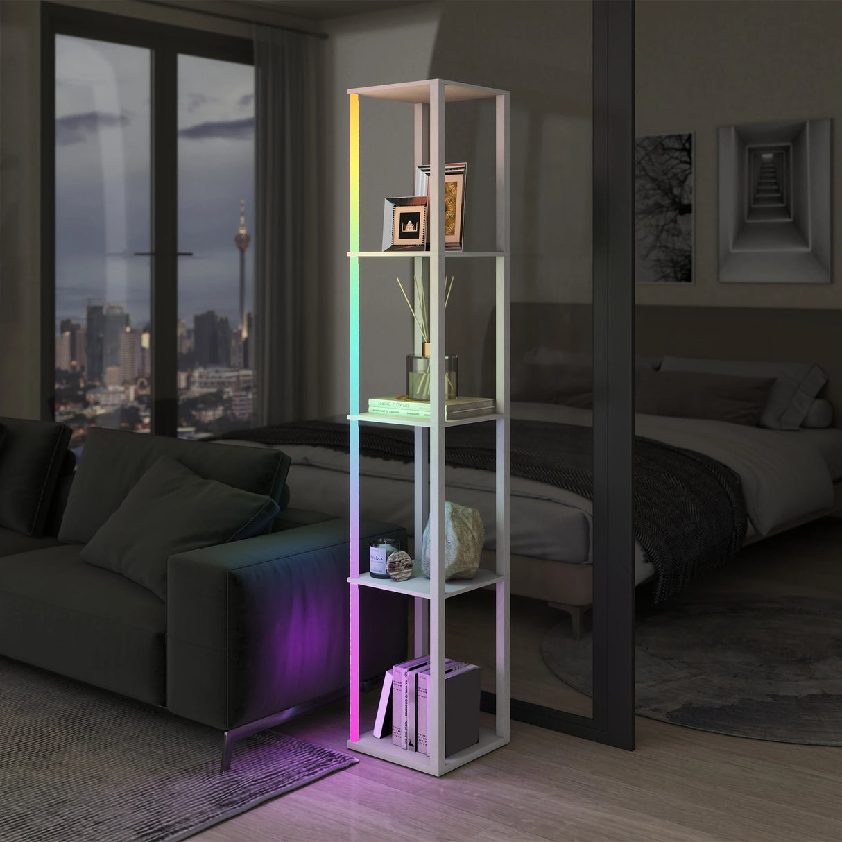 HOMCOM RGB LED Floor Lamp with Shelves, Modern Dimmable Standing Lamp with Remote Control, Adjustable Brightness & Speed for Living Room, Bedroom, Office, White