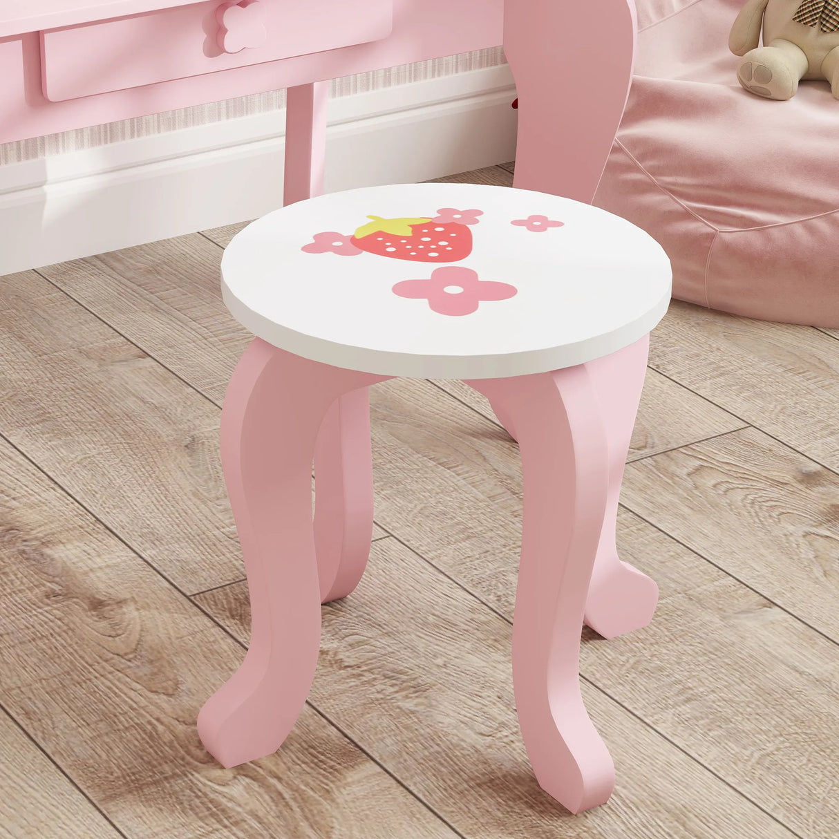 AIYAPLAY Kids Dressing Table Set, Vanity Table with Stool, Mirror, Drawer, Desktop, Storage, Strawberry-Theme, Pink