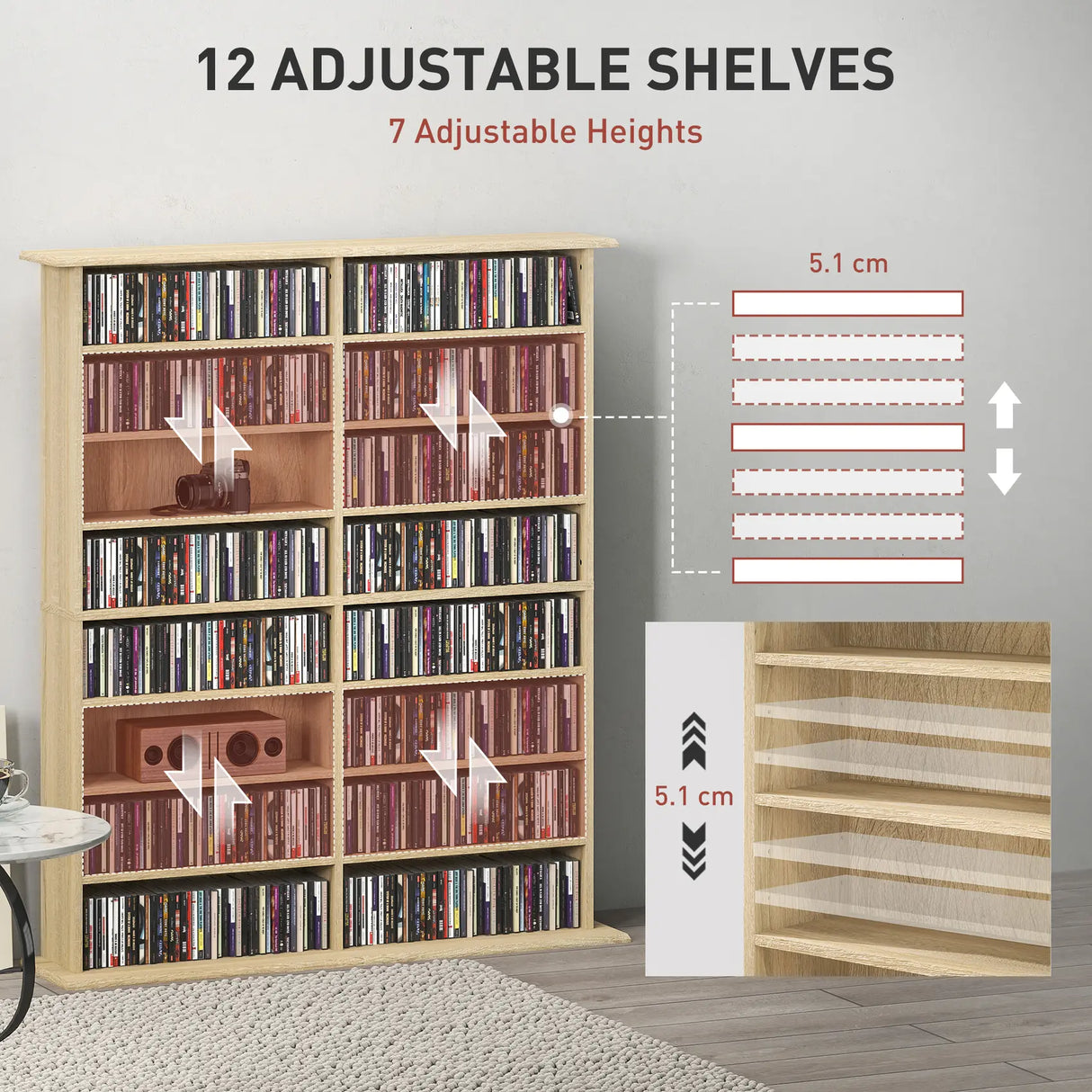 HOMCOM 16-Compartment Media Shelf - Nature Wood Finish