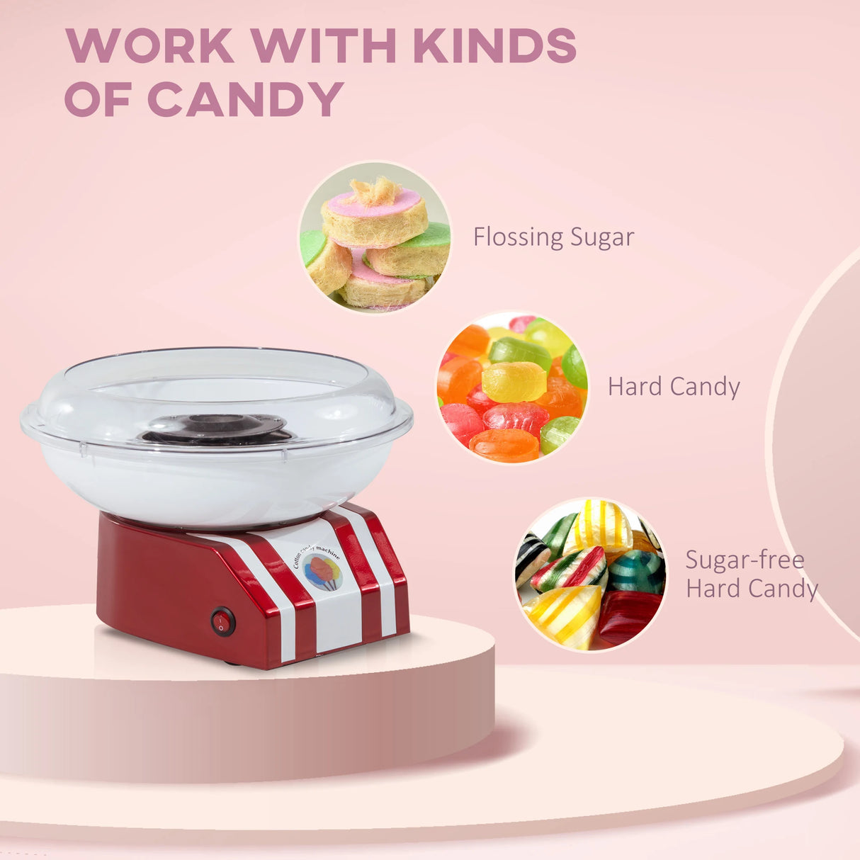 HOMCOM Candy Floss Machine for Kids & Adults, 550W Retro Cotton Maker for Sugar or Candies, Including 10 Candyfloss Sticks, Non-Slip Base, Red & White