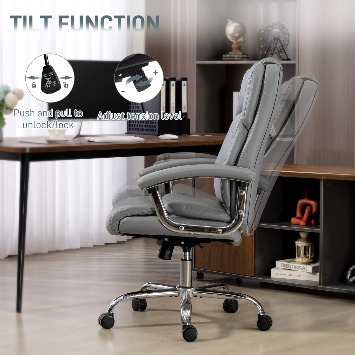 HOMCOM Big and Tall Office Chair 180kg with Spring Cushion, PU Leather - Grey
