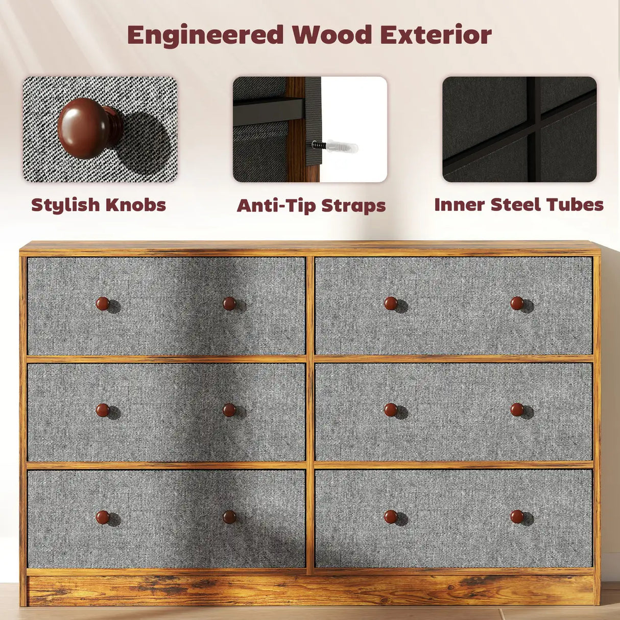 HOMCOM Chest of Drawers, Dresser with 6 Fabric Drawers - Grey and Rustic Brown