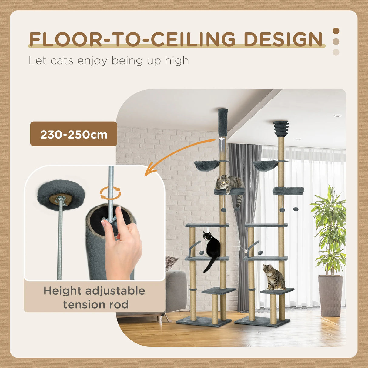 PawHut Floor to Ceiling Cat Tree for Indoor Cats, 6-Tier Play Tower Climbing Activity Center with Scratching Post, Platforms, Bed, Hammock, Adjustable Height 230-250cm, Grey