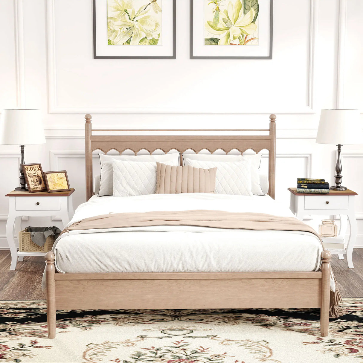 HOMCOM 2pcs Bedside Tables with Drawer, French Style Bedside Cabinets with Open Shelf for Bedroom, Living Room, White