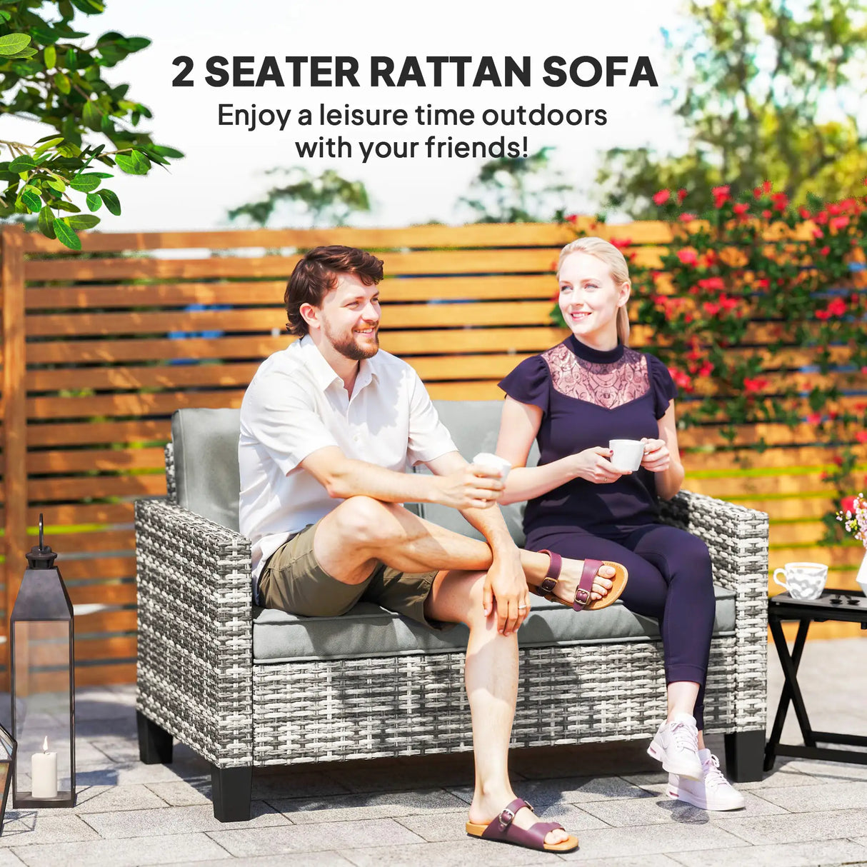 Outsunny Two-Seater Rattan Outdoor Sofa - Light Grey