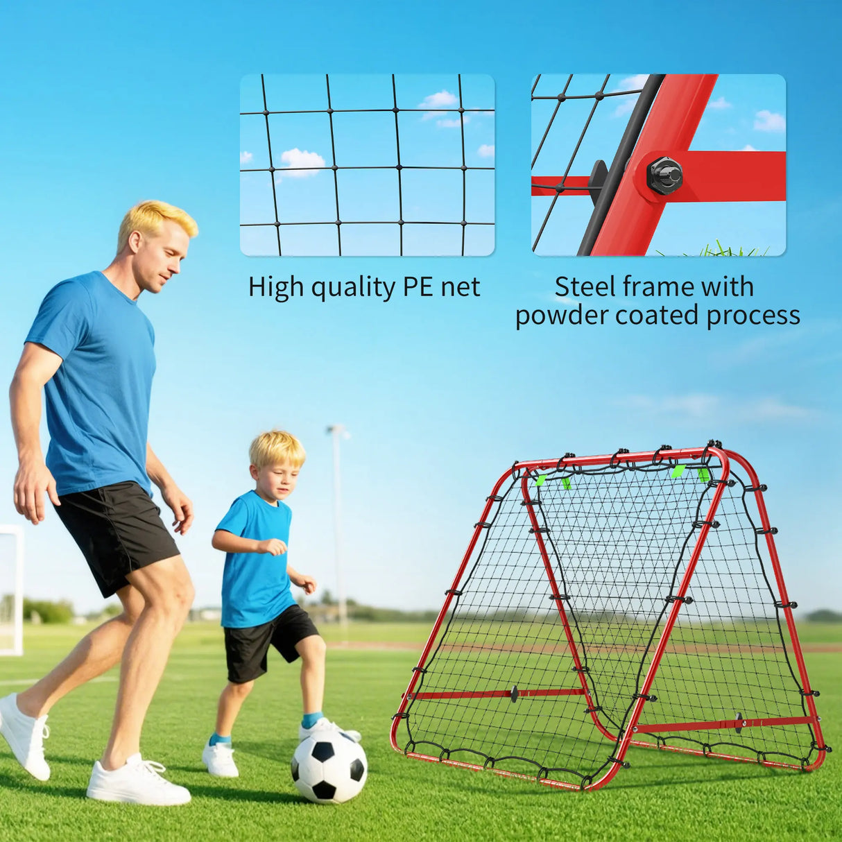 HOMCOM Double Sided Football Rebounder Net, Football Rebound Goal with Five Adjustable Angles, Red