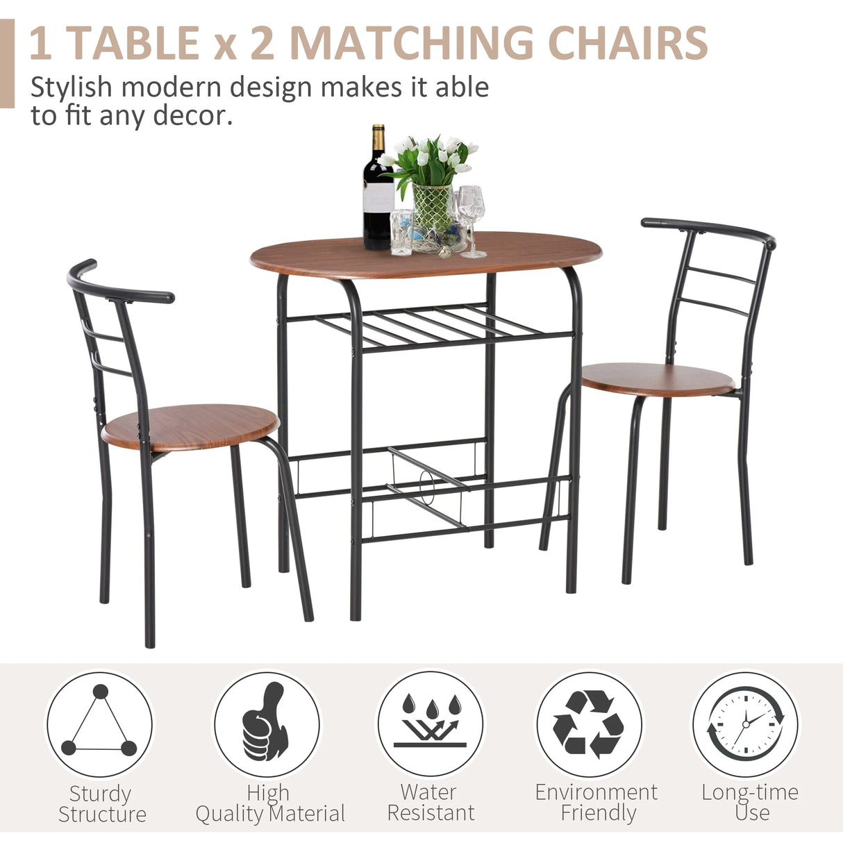 HOMCOM 3-Piece Dining Table Set , Metal Frame Wood Top Breakfast Bar Table Set for 2, Dining Table w/Storage Shelf & 2 chairs