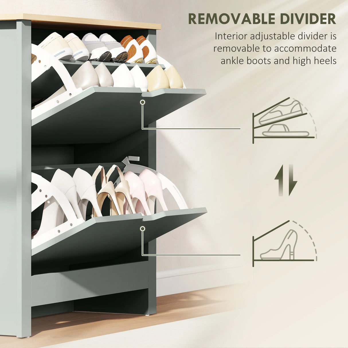 HOMCOM Slim Shoe Cabinet, Narrow Shoe Cupboard with 2 Flip Drawers, Adjustable Shelves for 12 Pairs of Shoes, Light Grey