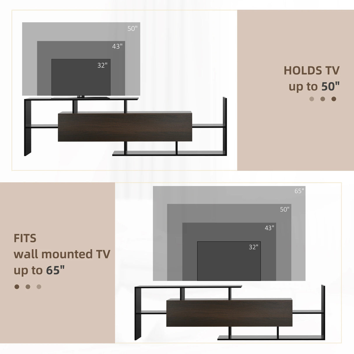 HOMCOM TV Cabinet with Wall Shelf for Wall-Mounted 65" TVs or Standing 40" TVs - Black and Dark Brown