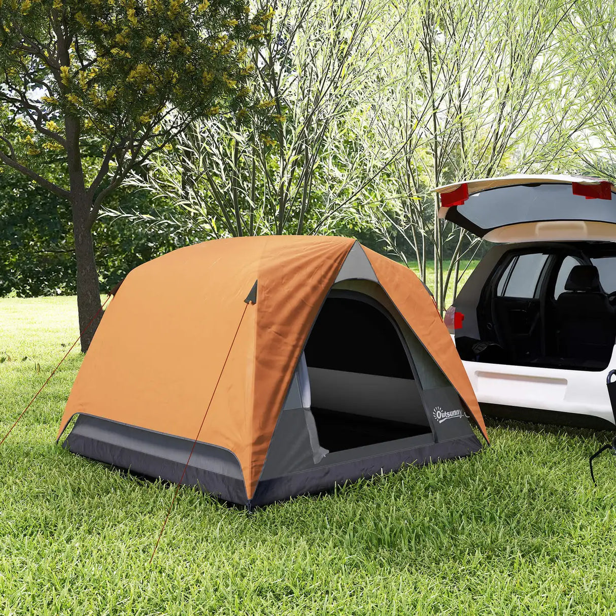 Outsunny 3-4 Person Camping Tent, Easy Set Up Waterproof Dome Tent with Sewn-in Groundsheet, Mesh Windows, Pocket and Hook for Camping, Hiking, Backpacking, Orange and Grey