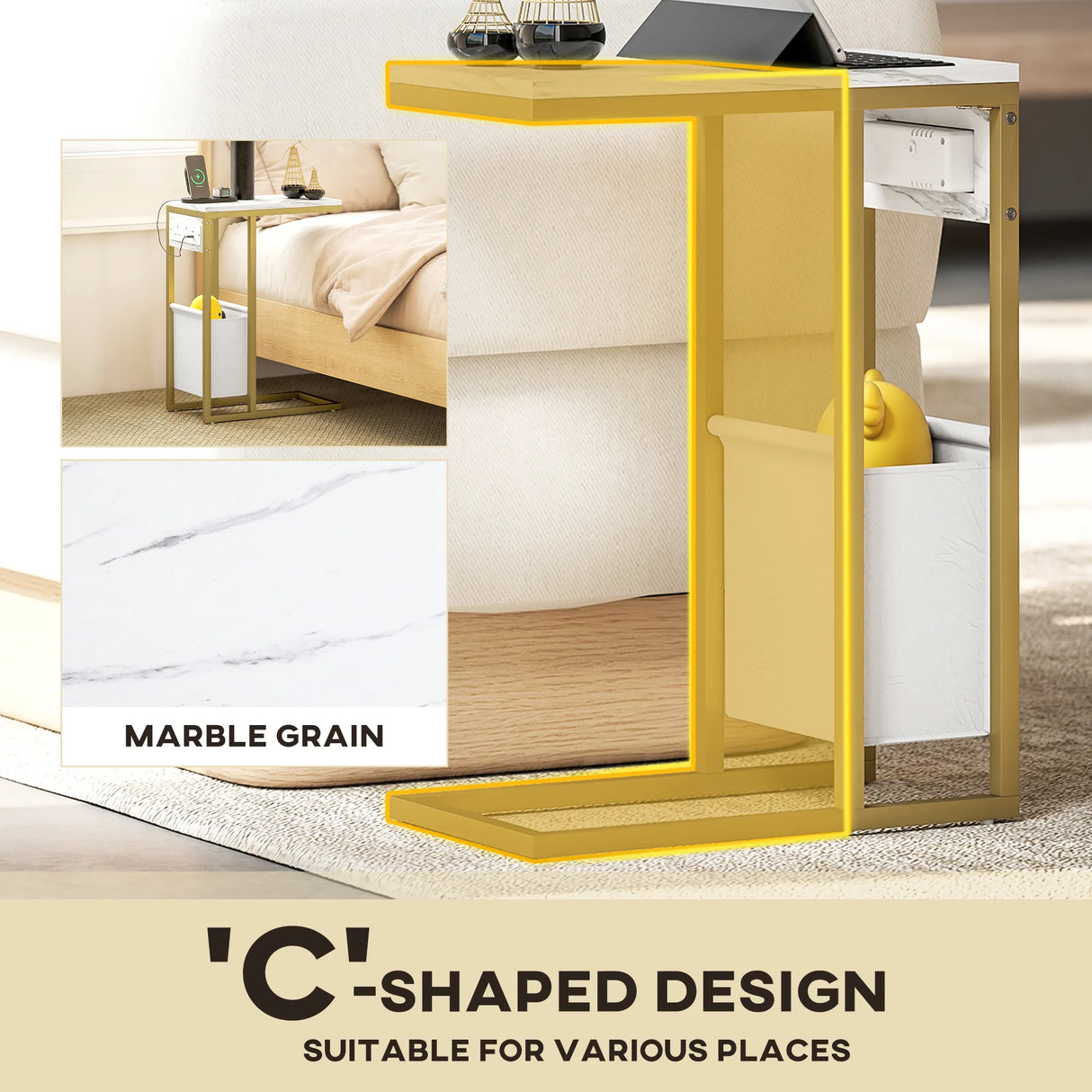 HOMCOM C Shaped Side Table with Charging Station and Faux Marble Top - White