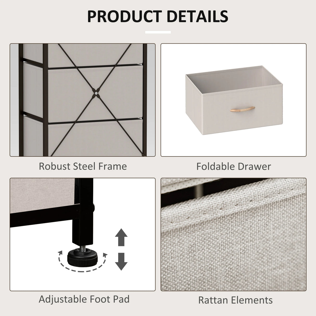 HOMCOM Fabric Chest of Drawers, Industrial Bedroom Dresser with 5 Fabric Drawers, Steel Frame and Wooden Top for Nursery, Living Room, Hallway, Cream White