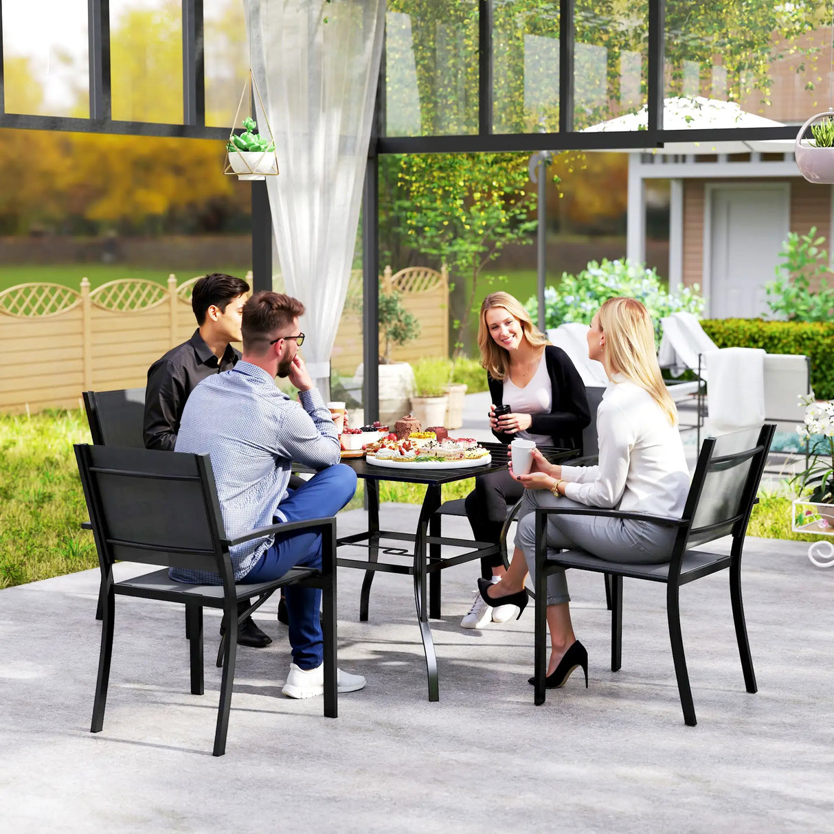 Outsunny 94 x 94 cm Garden Table with Parasol Hole, Outdoor Dining Garden Table for Four with Slatted Metal Plate Top, Black