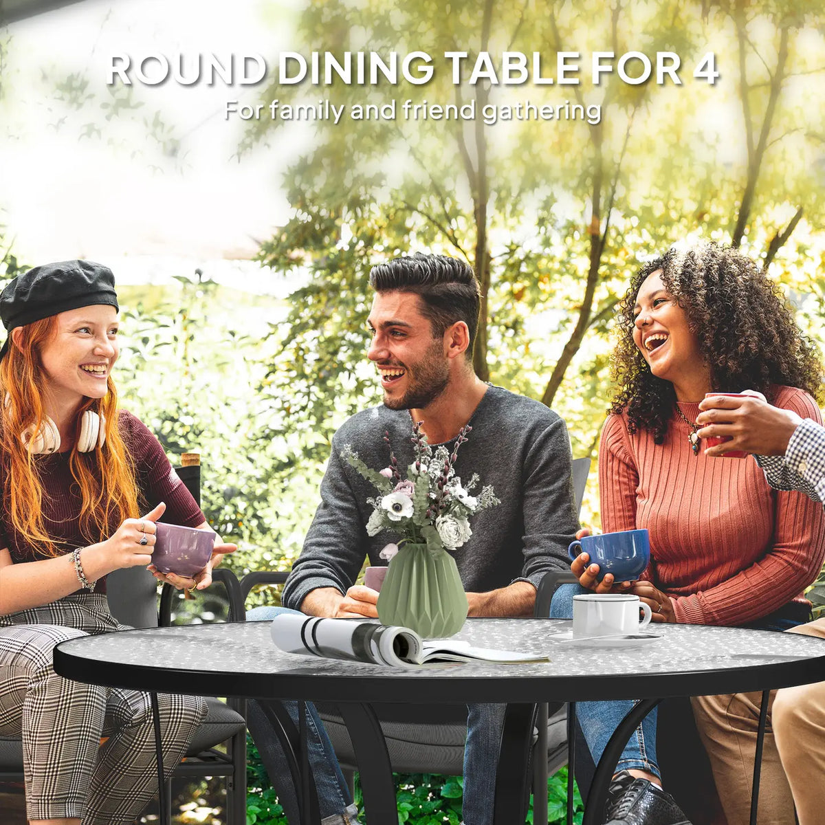Outsunny Tempered Glass Top Round Outdoor Dining Table with Parasol Hole, 96.5 x 96.5 x 71 cm