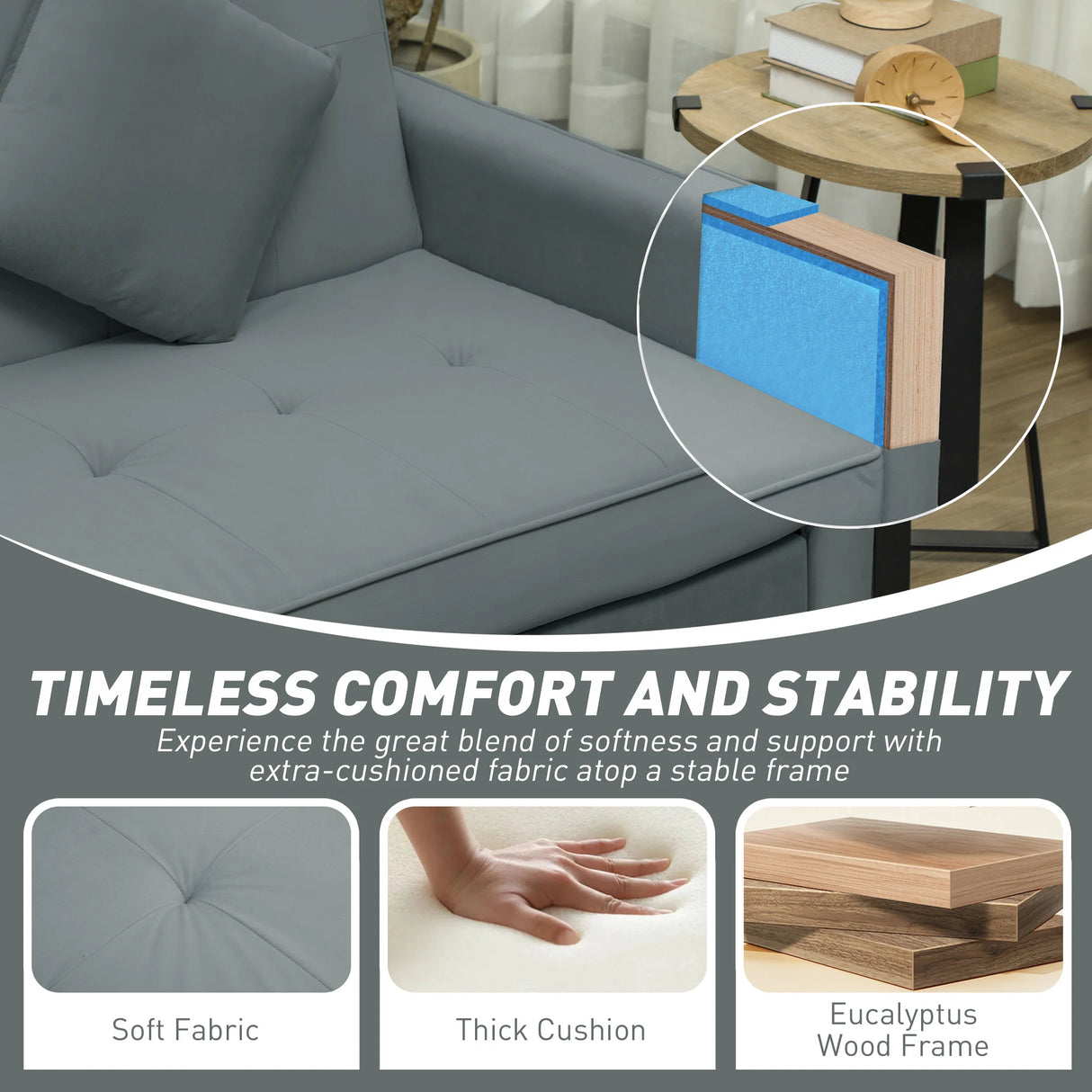 HOMCOM Three-Person Velvet-Feel Sofa Bed - Grey