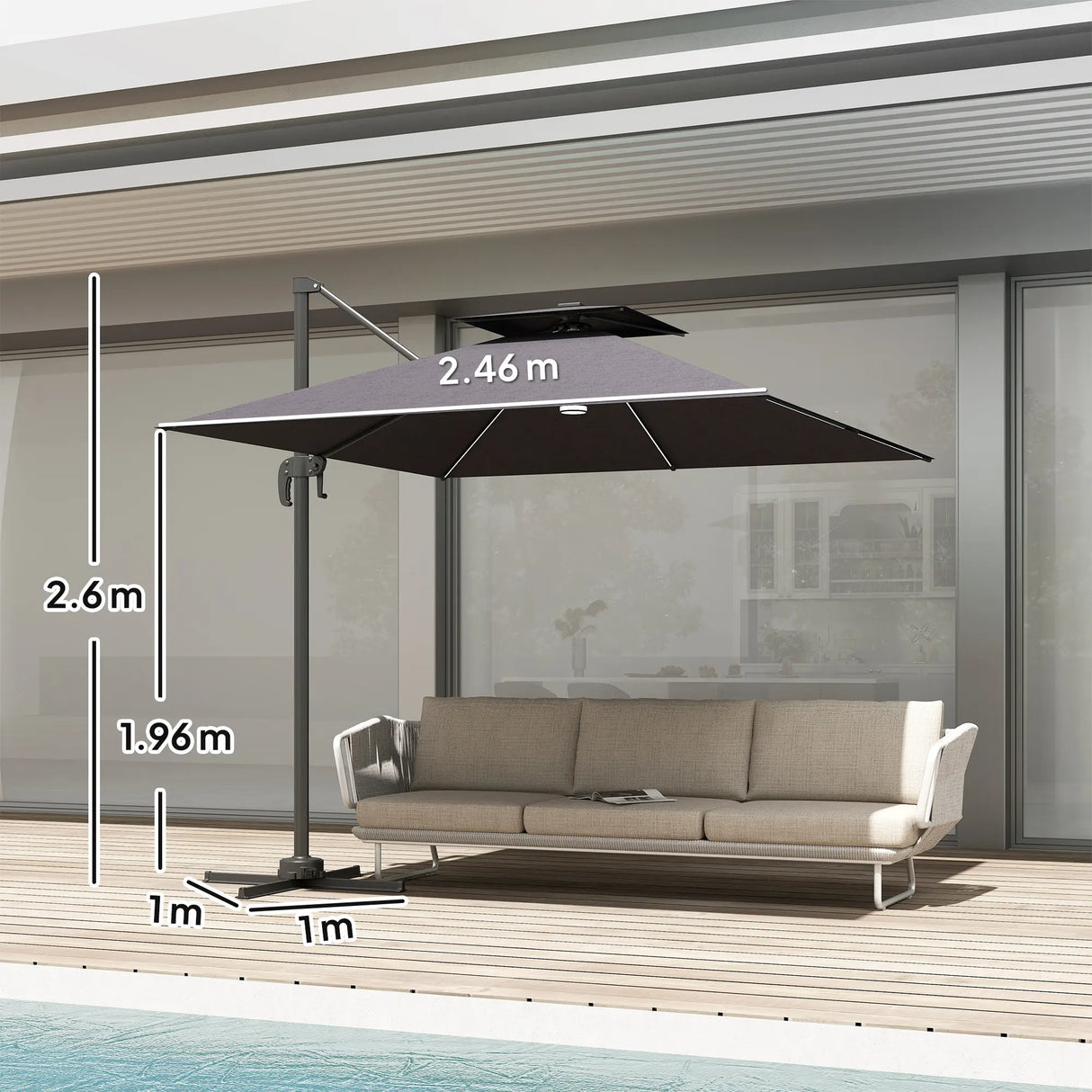 Outsunny 2.5m Cantilever Parasol with Solar Powered LED Lights, 360 Rotation, Tilt Adjustment, Crank Handle, Dark Grey