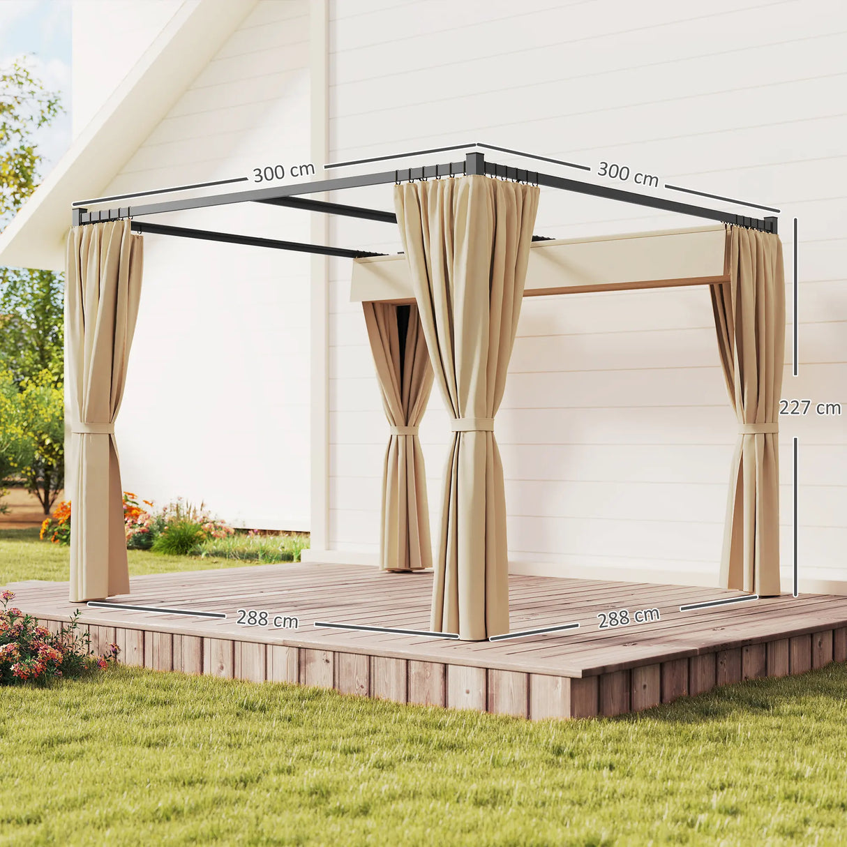 Outsunny 3 x 3(m) Retractable Pergola, Garden Gazebo Shelter with Curtains, for Grill, Patio, Deck, Beige