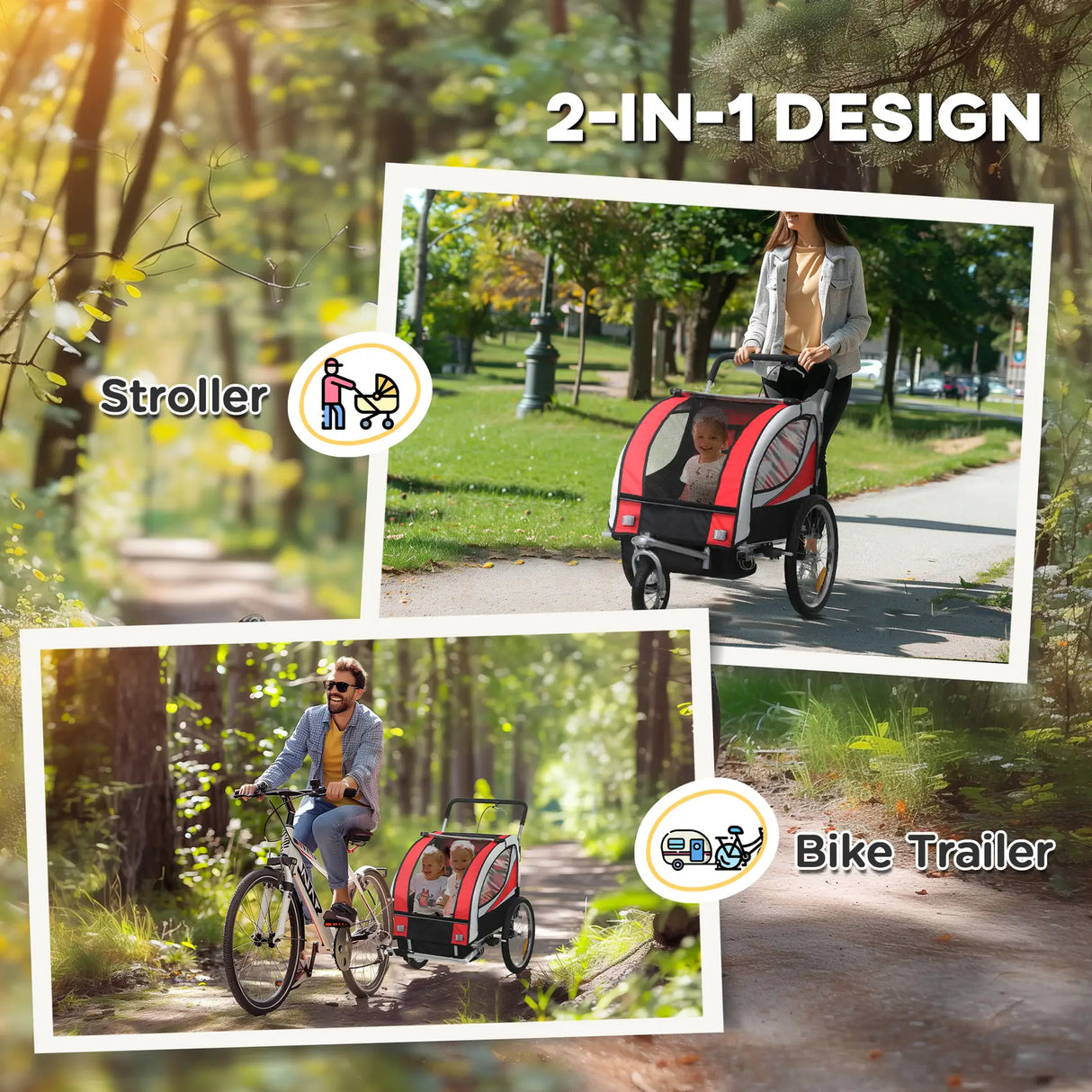 HOMCOM Baby Bike Trailer, Child Bicycle Trailer with 5 Point Harness, Steel Frame, Reflectors, Safety Flag, Hitch Coupler, Red