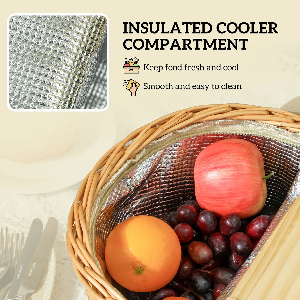 Outsunny Wicker Picnic Basket for 2 with Pine Wood Lid, Picnic Hamper with Cooler Compartment, Cutlery Service Kits, Carry Handle for Camping, Outdoor, Valentine Day, Chirtmas, Birthday, Light Brown