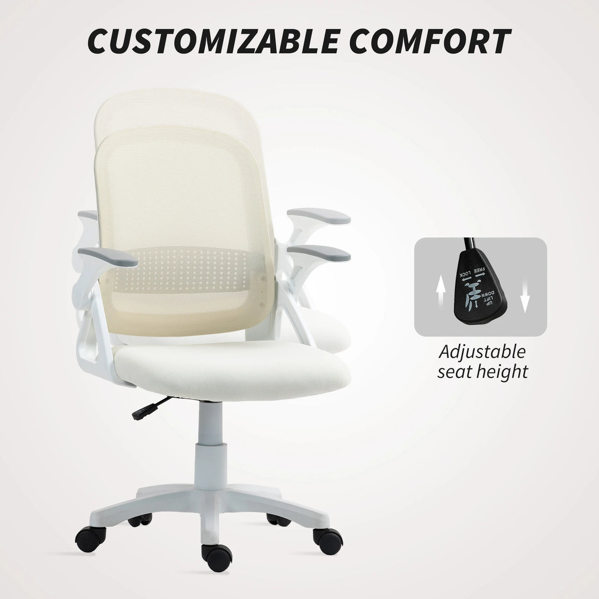 HOMCOM Breathable Mesh Office Chair, Ergonomic Swivel Computer Chair with Flip-up Armrests, Lumbar Back Support for Home/Office, White