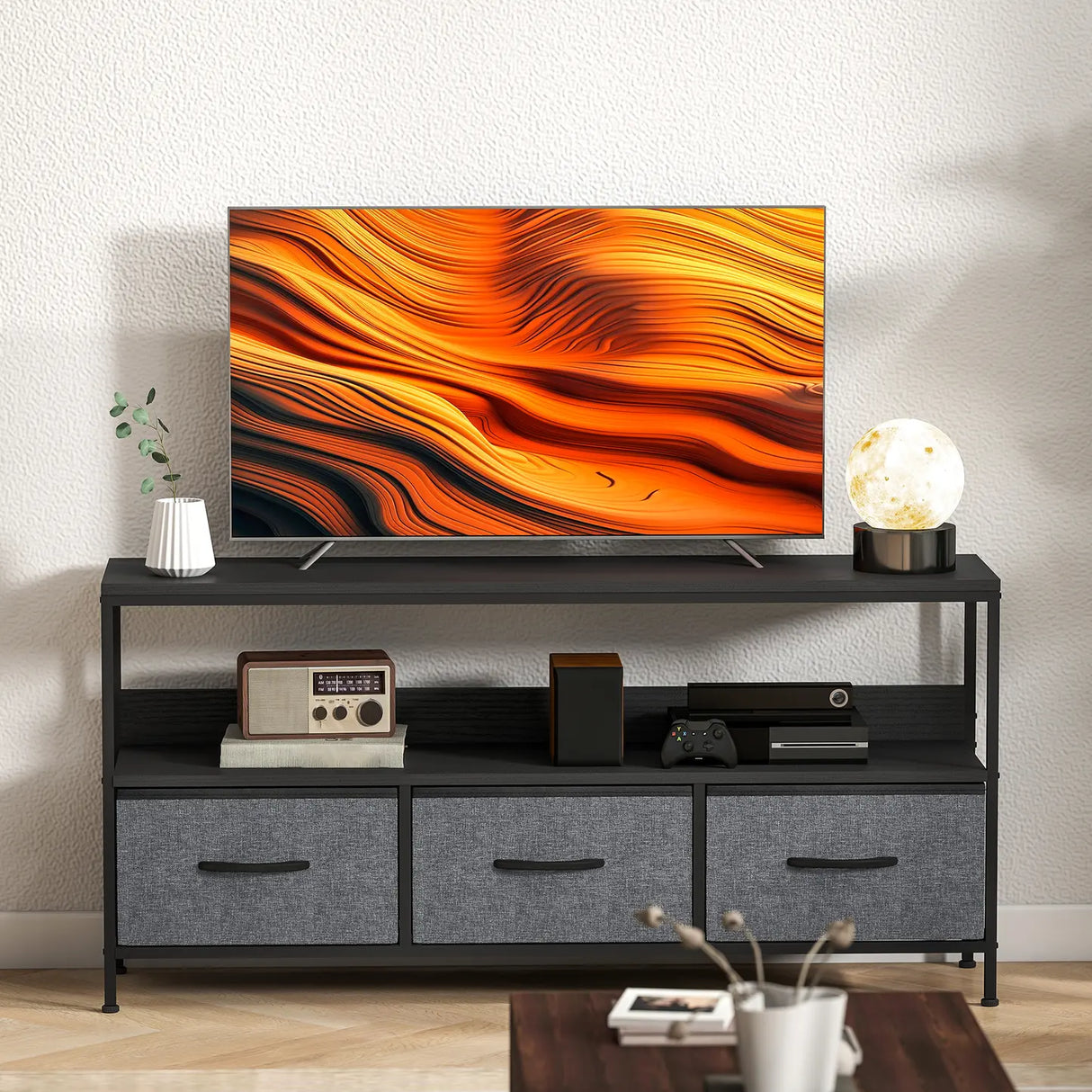 HOMCOM TV Stand Cabinet with 3 Foldable Drawers - Black