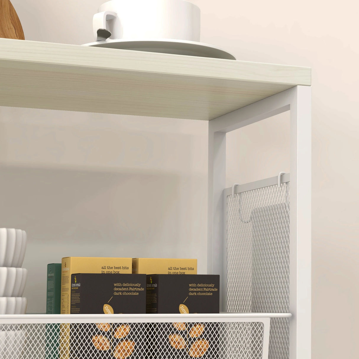 HOMCOM 3-Tier Kitchen Cart with 3 Steel Wire Baskets - White