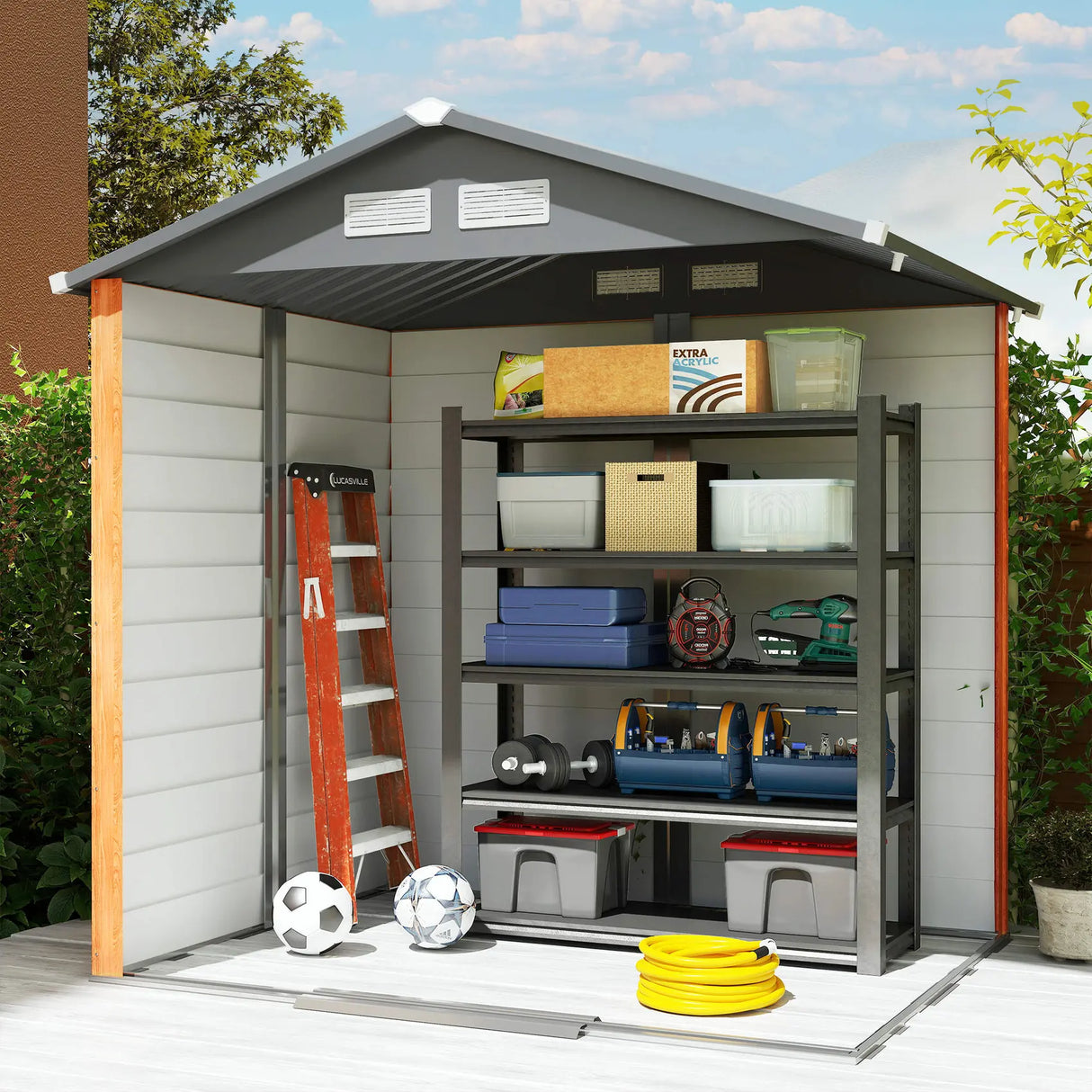 Outsunny 6.5 x 5ft Metal Garden Shed, House Hut Gardening Tool Storage with Ventilations, Sliding Door, Sloped Roof for Garden, Patio, Brown