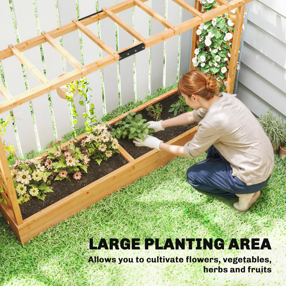 Outsunny Raised Planter with Trellis, Wooden Raised Bed for Garden with Hanging Roof and Drainage Holes, Outdoor Planter Box