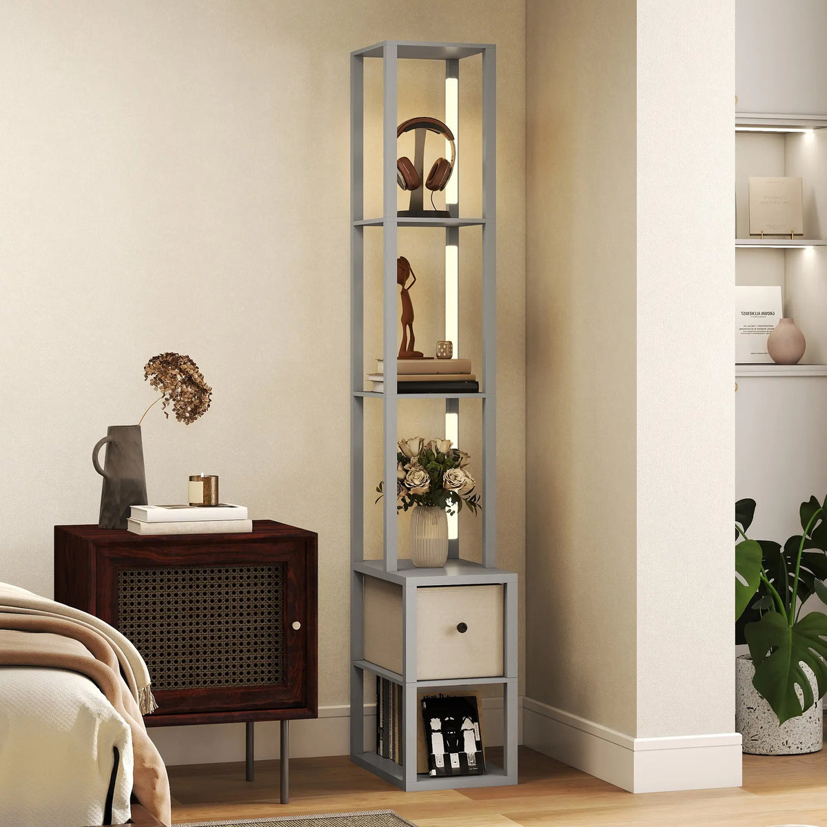 HOMCOM Floor Lamp with Shelves, LED Column Modern Standing Lamp with Fabric Drawer, Adjustable Brightness, Foot Switch for Living Room, Bedroom, Office, Grey