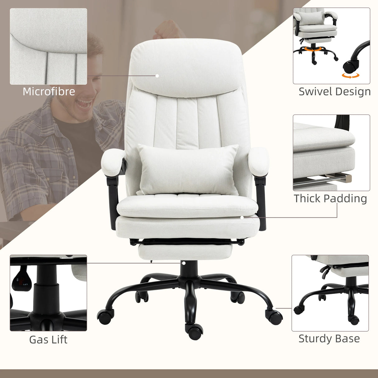 Vinsetto Office Chair, Ergonomic Desk Chair with 6-Point Vibration Massage and Lumbar Heating, Computer Chair with Lumbar Support Pillow, 155 Reclining Back and Footrest, Cream White