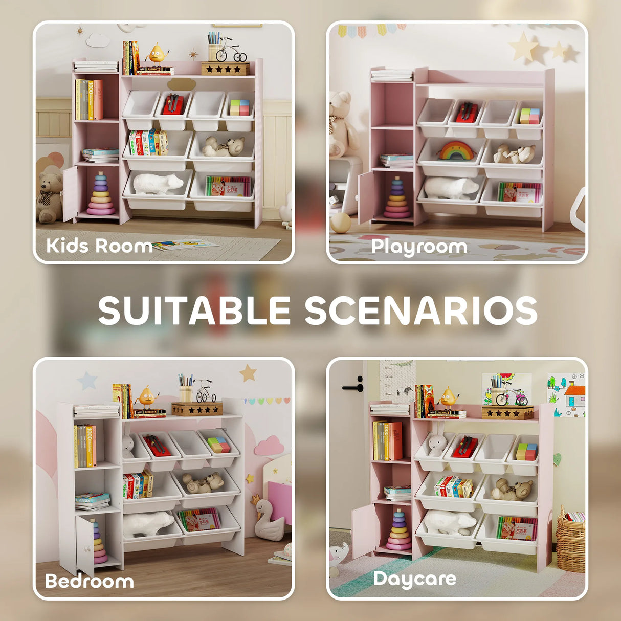 AIYAPLAY Toy Storage Unit with 8 Removable Bins, Storage Shelves, Cabinet, Pink