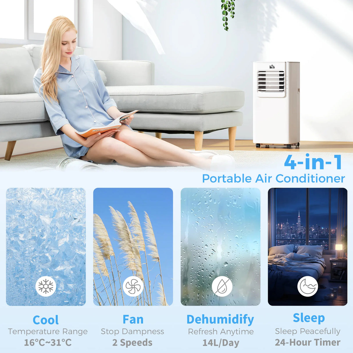 HOMCOM 5000 BTU Portable Air Conditioner, 4-in-1 Air Conditioning Unit, Dehumidifier, Cooling, Fan, Sleep Mode, with Remote Control, 2 Speeds, 24H Timer, Window Venting Kit, 12m2