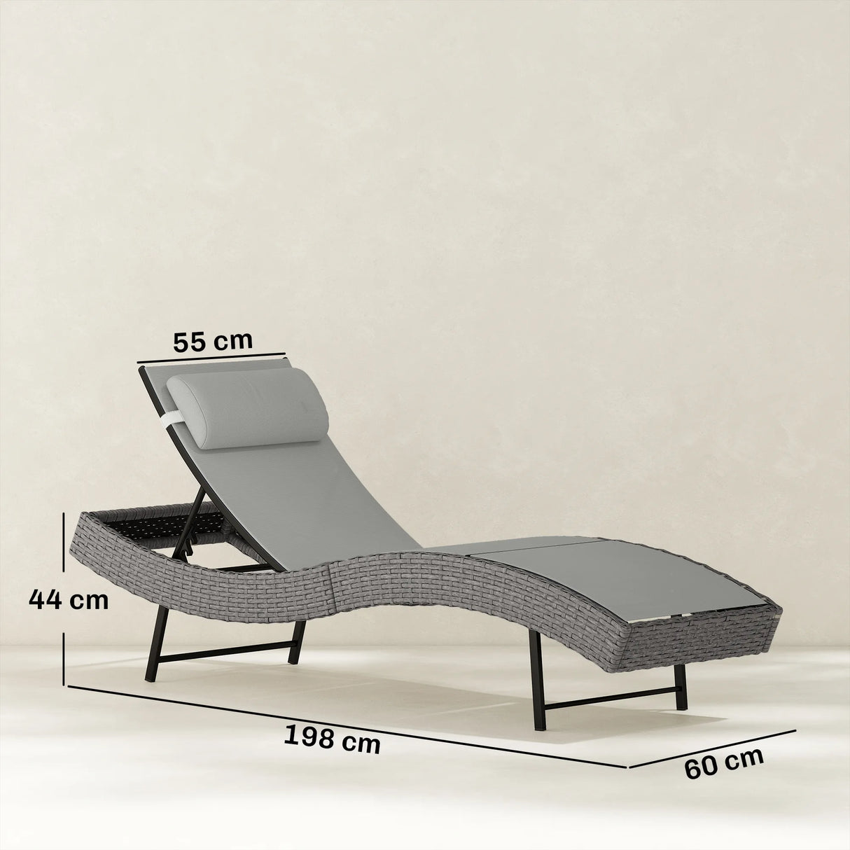 Outsunny Rattan Sun Lounger, Garden Recliner with 5 Position Adjustable Back, S Shaped Texteline Seat, Headrest, Light Grey